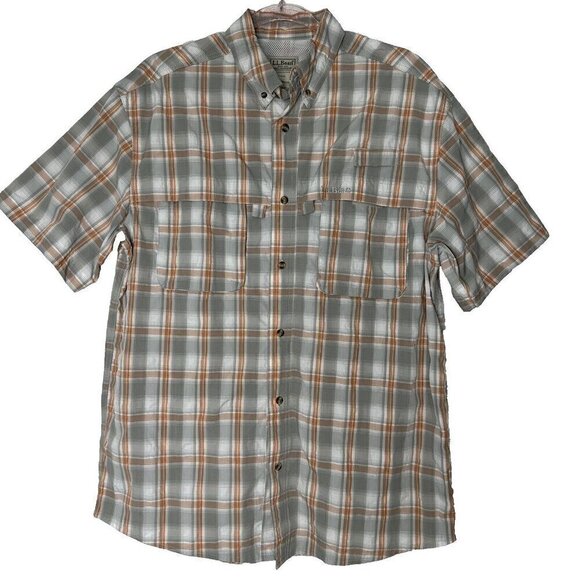 LL Bean Button Up Shirt Orange Gray Plaid M 255095 Fishing Nylon Blend - Picture 1 of 10